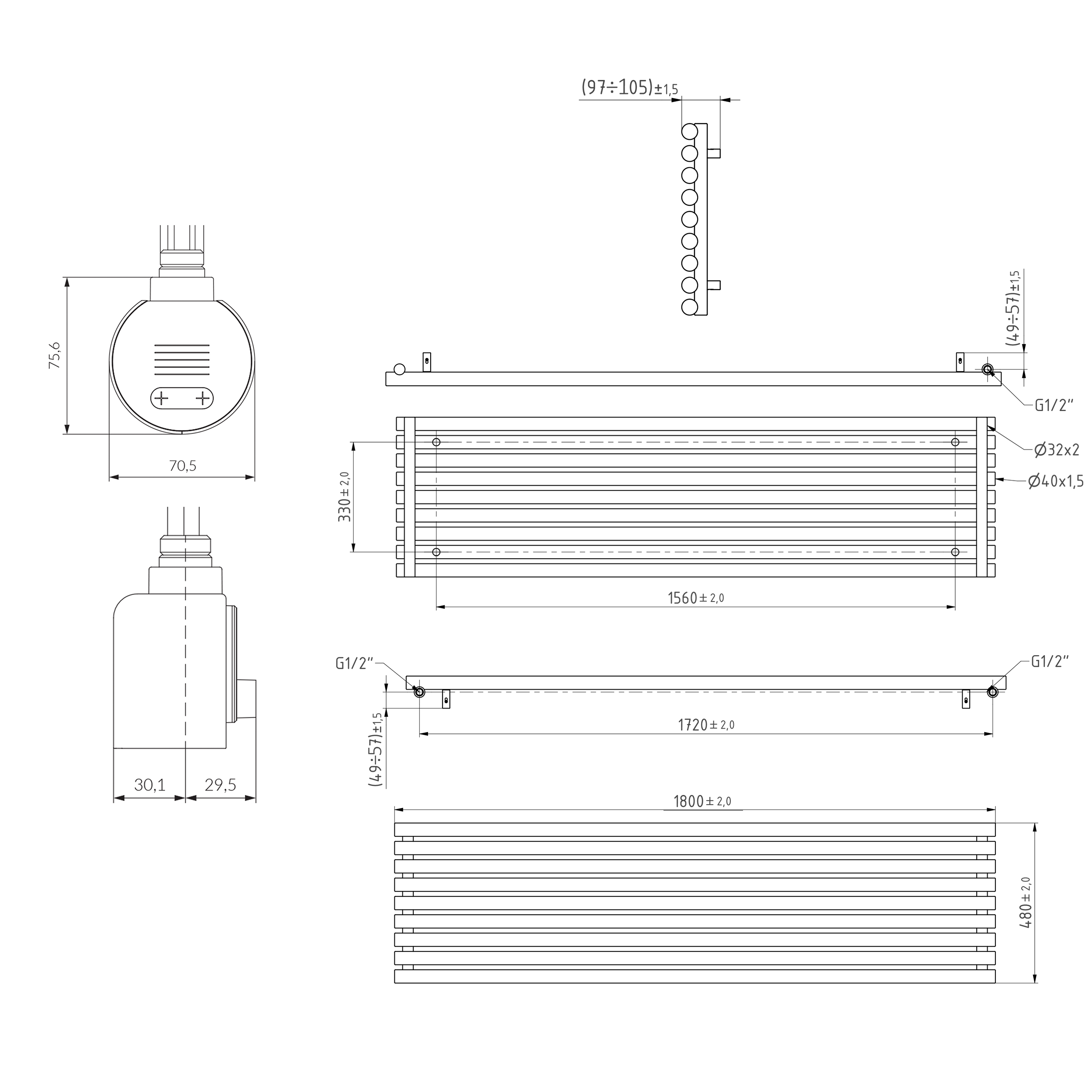 Terma Rolo Room E Single Panel 1800 x 480mm Electric Radiator with 1000W Wi-Fi Controlled VEO Heating Element