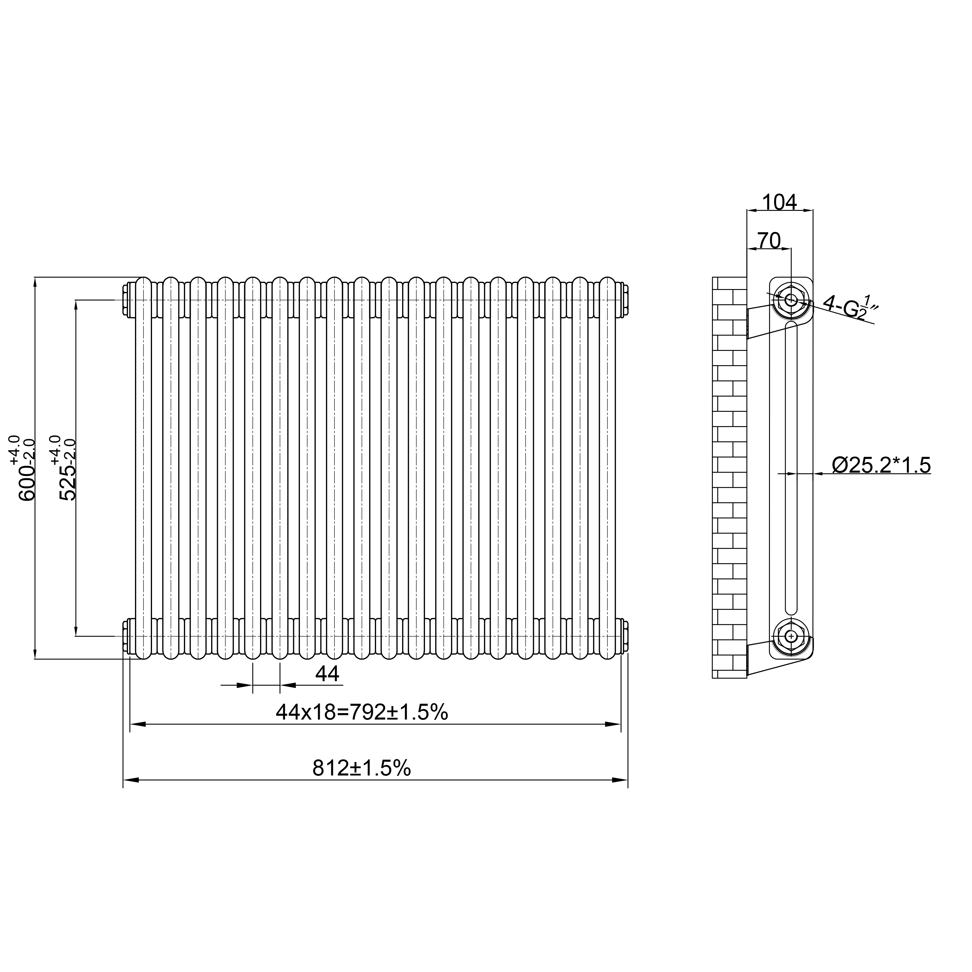 Butler & Rose Designer 2 Column Horizontal Radiator - Raw Metal Finish - 600mm Tall