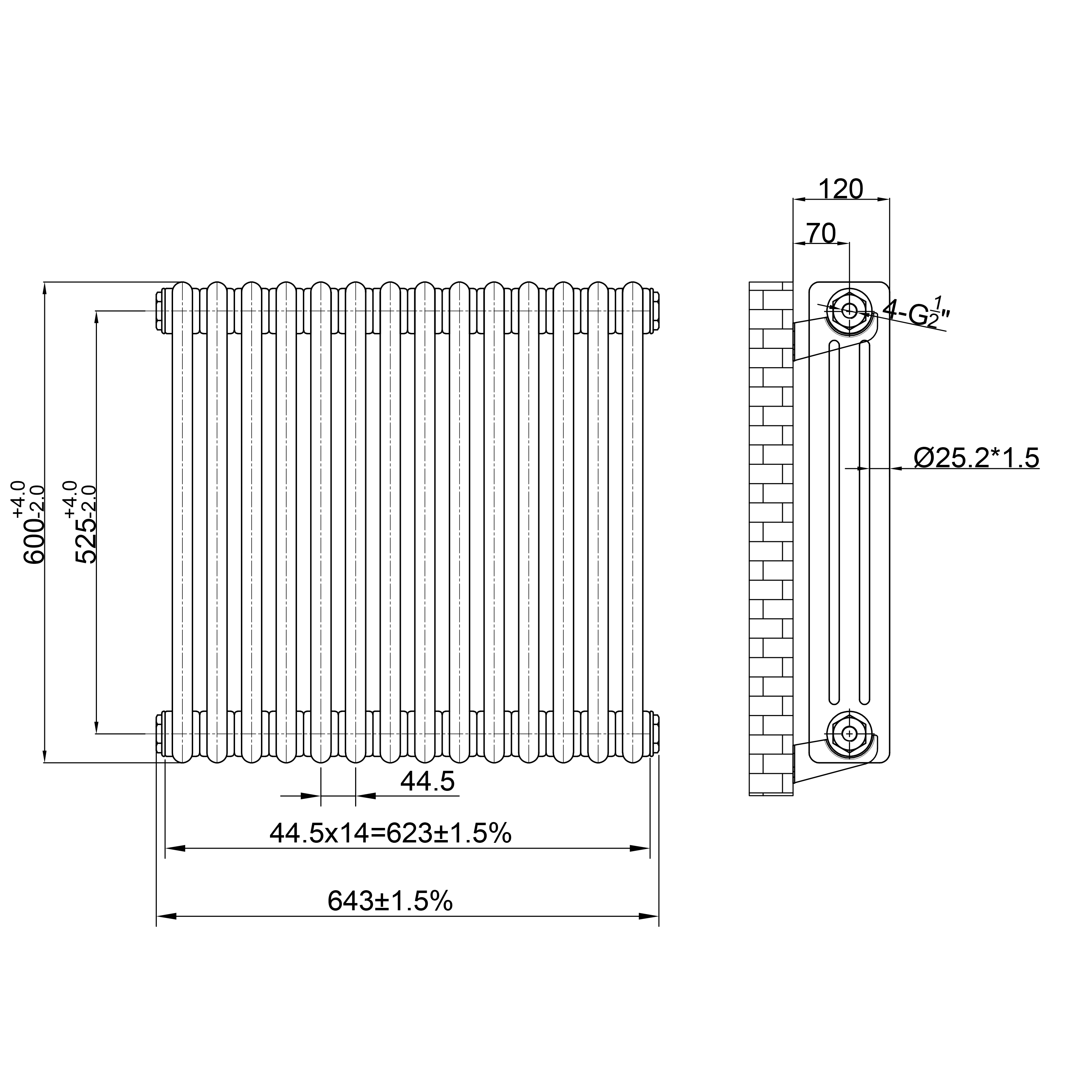 Butler & Rose Designer 3 Column Horizontal Radiator - Raw Metal Finish - 600mm Tall