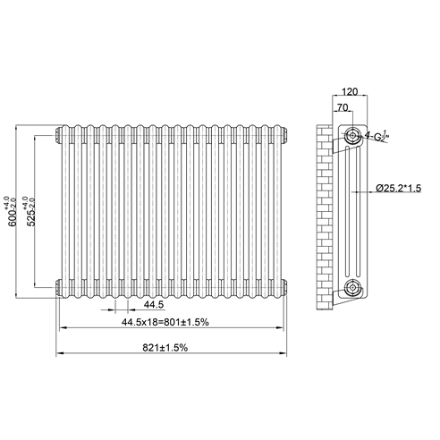 Butler & Rose Designer 3 Column Horizontal Radiator - Raw Metal Finish - 600mm Tall