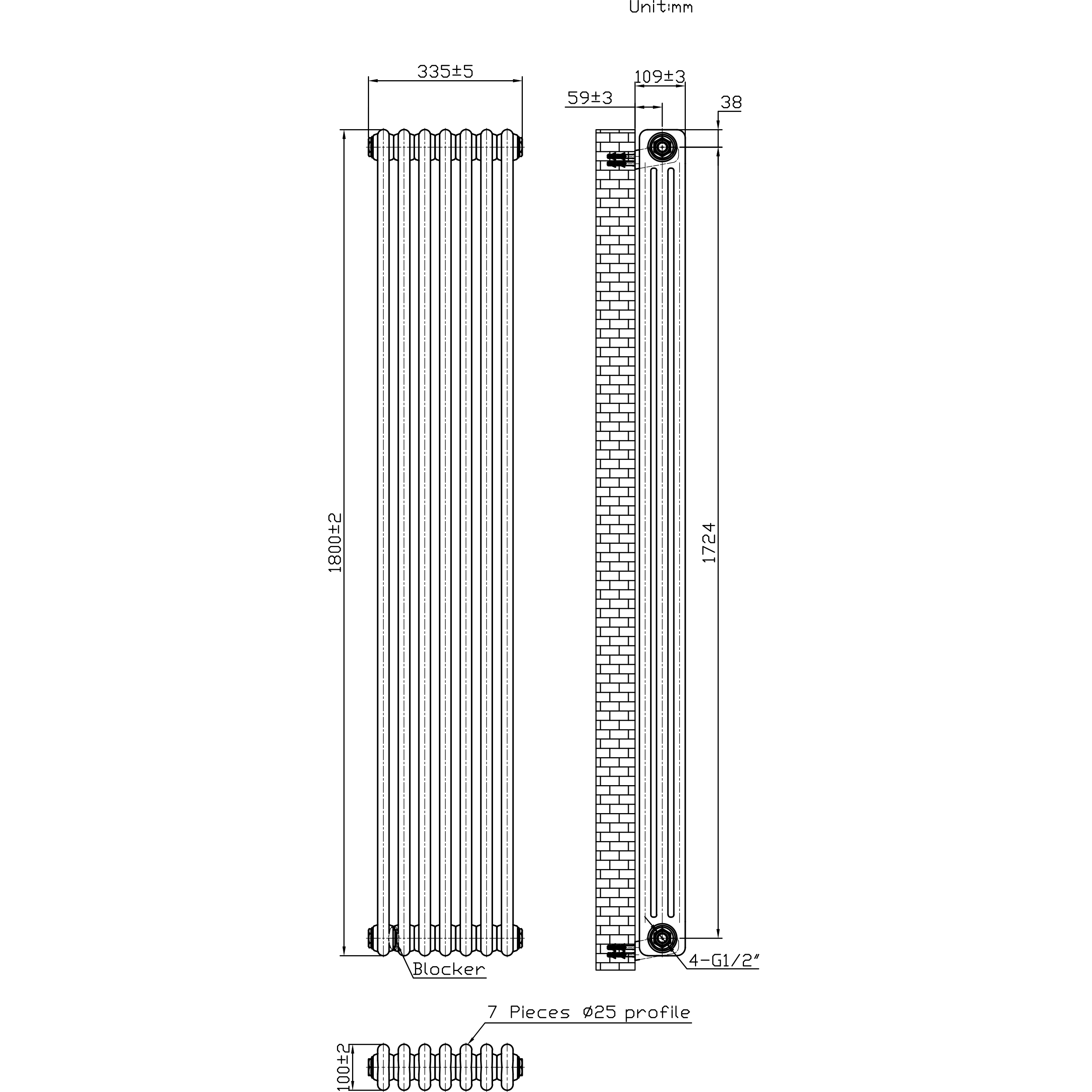Butler & Rose Designer 3 Column Vertical Radiator - Gloss White - 1800mm Tall
