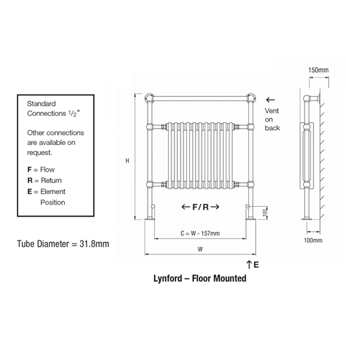 DQ Heating Lynford Floor Mounted Luxury Traditional Heated Towel Rail
