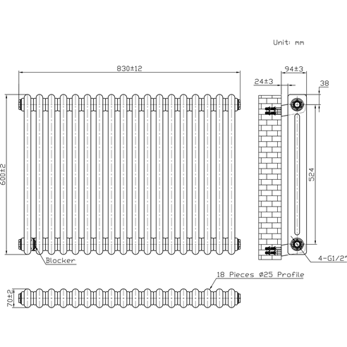 Butler & Rose Designer 2 Column Horizontal Radiator - Matt Anthracite - 600mm Tall