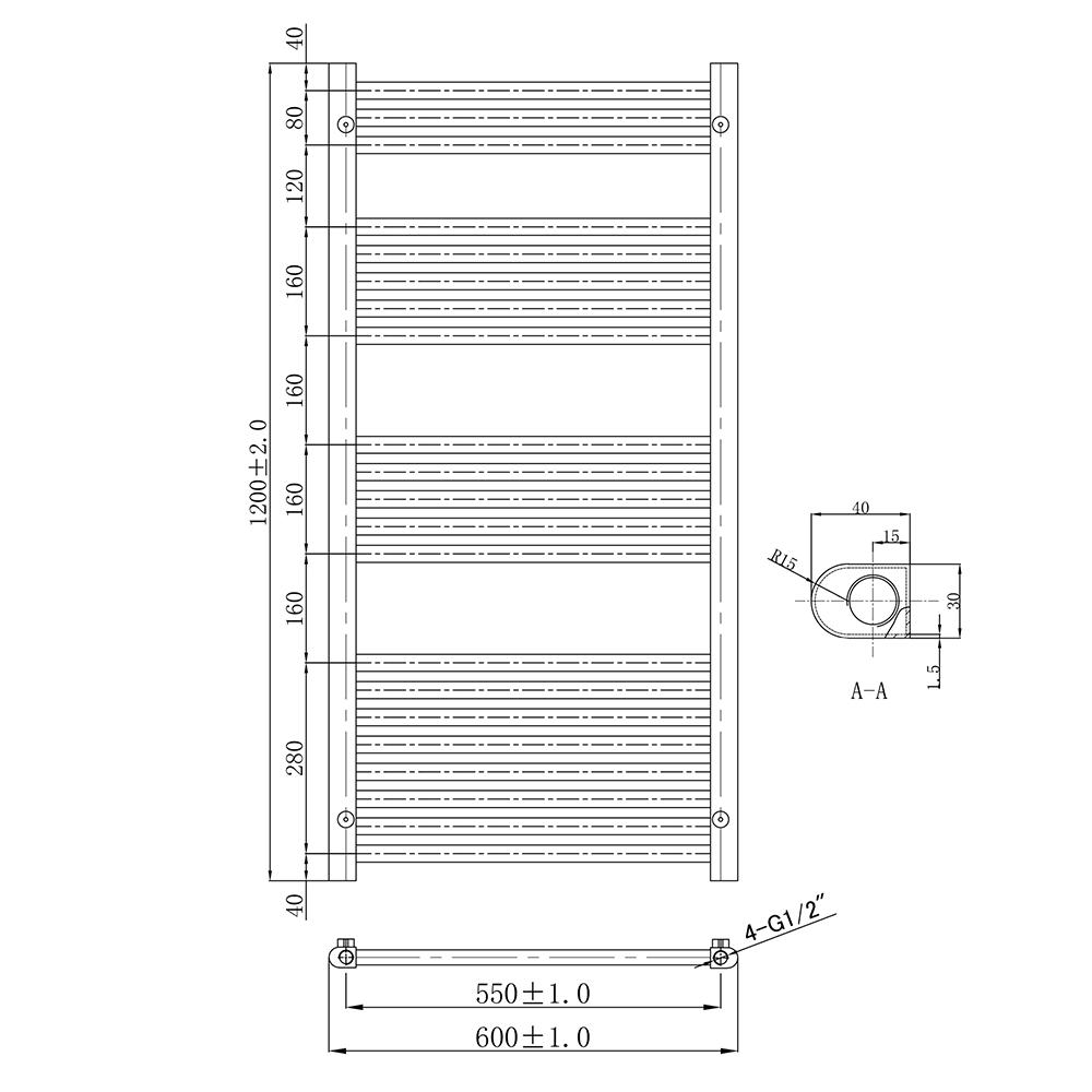 EliteHeat Steel Ladder Heated Towel Rail 25mm Bars - Brushed Black