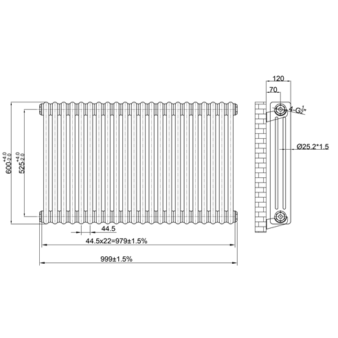 Butler & Rose Designer 3 Column Horizontal Radiator - Raw Metal Finish - 600mm Tall