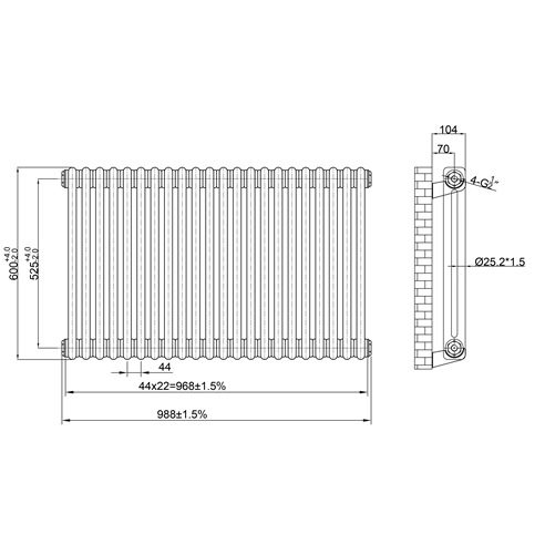 Butler & Rose Designer 2 Column Horizontal Radiator - Raw Metal Finish - 600mm Tall
