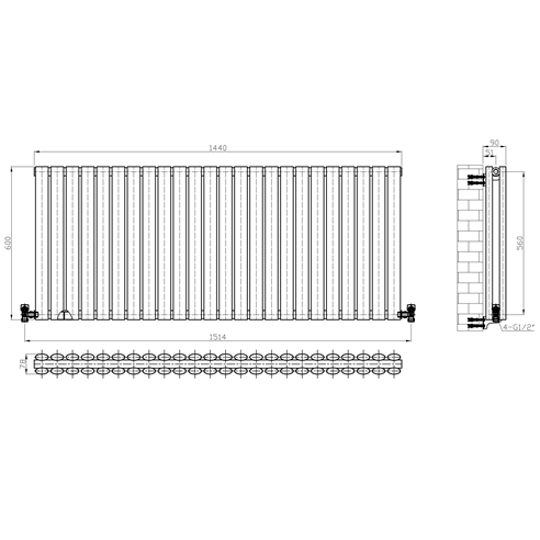 Brenton Oval Double Panel Horizontal Radiator - 600 x 1440mm