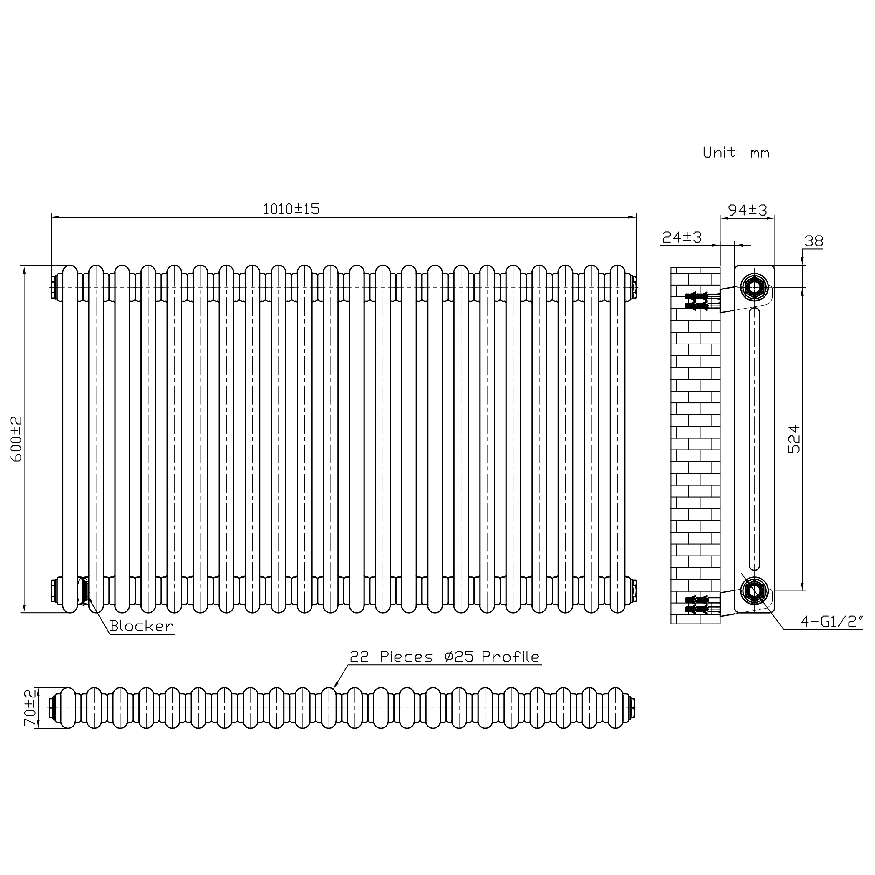 Butler & Rose Designer 2 Column Horizontal Radiator - Gloss White - 600mm Tall
