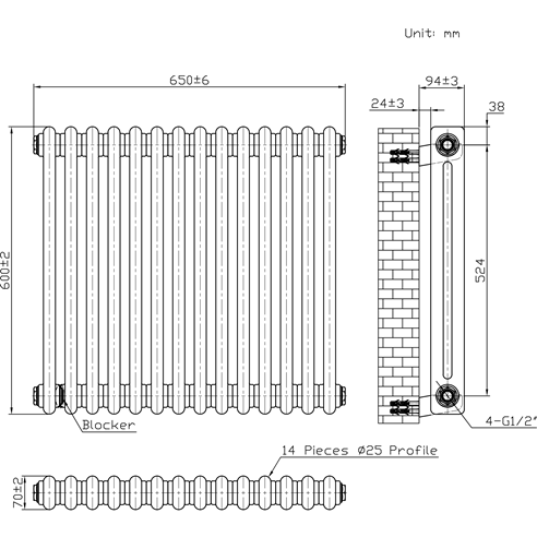 Butler & Rose Designer 2 Column Horizontal Radiator - Matt Anthracite - 600mm Tall