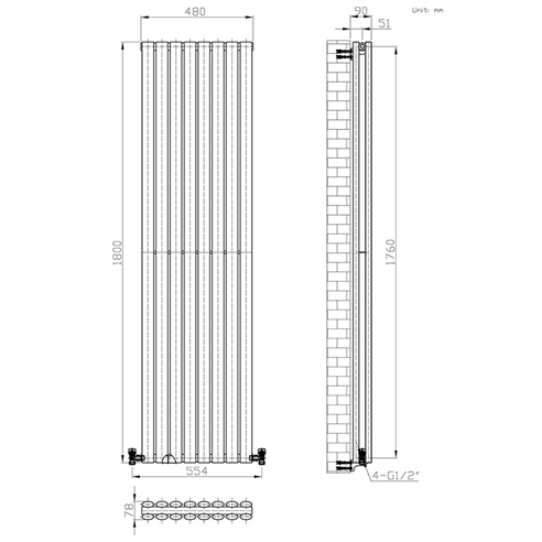 Brenton Oval Double Panel Vertical Radiator - 1800 x 480mm