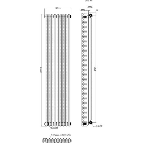 Butler & Rose Designer 2 Column Vertical Radiator - Matt Anthracite - 1800mm Tall