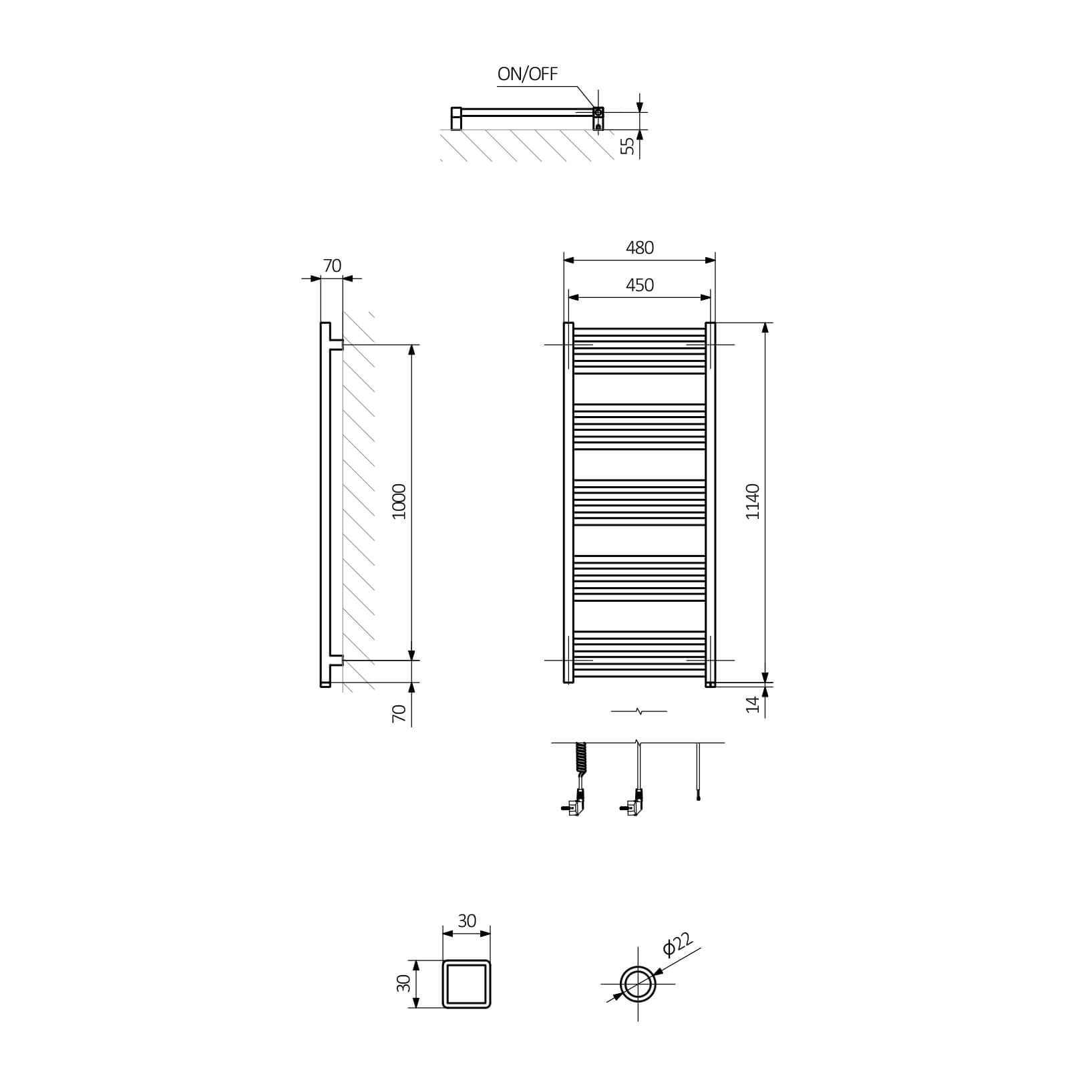 Terma Fiona One Electric Heated Towel Rail with Heating Element - Sparkling Gravel - 4 Sizes