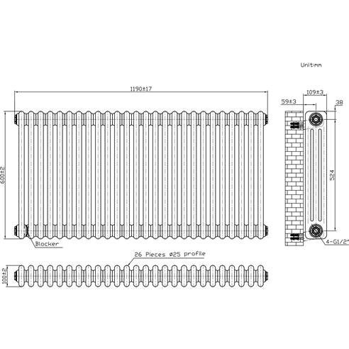 Butler & Rose Designer 3 Column Horizontal Radiator - Gloss White - 600mm Tall
