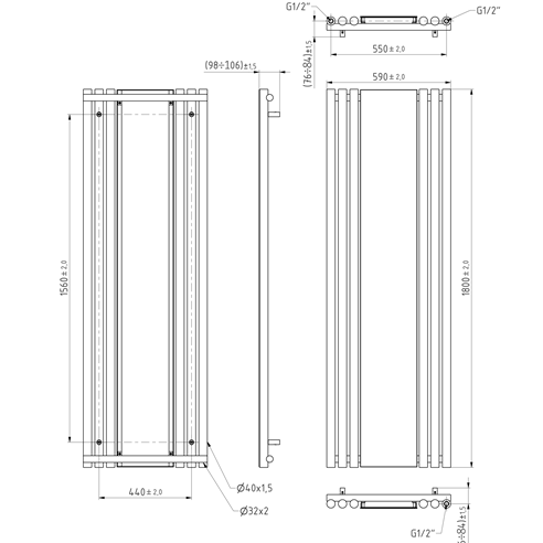 Terma Rolo Vertical Single Panel Mirror Radiator - 1800 x 590mm - 7 Colours